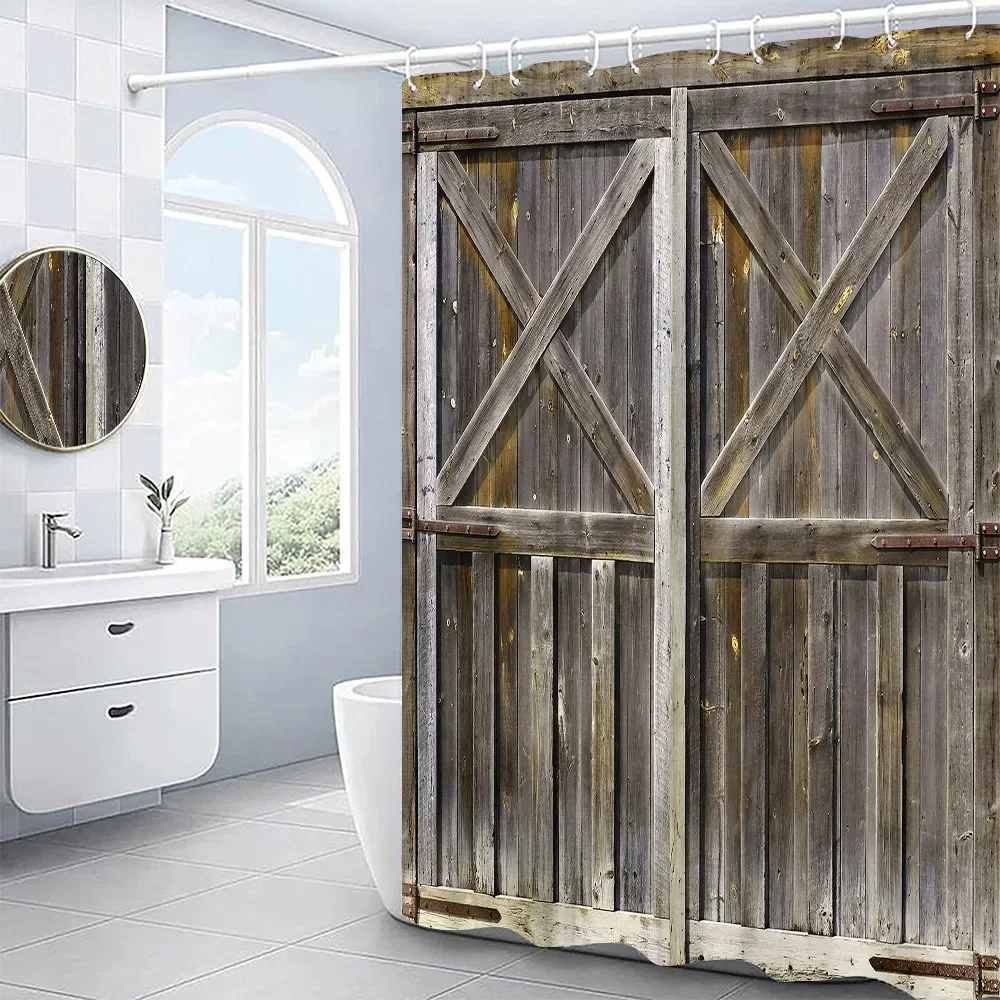 Retro Rustic Old Vintage Wood Doors Shower Curtain Set Country Rustic Barn Doors Farm Decor Fabric Bathroom Curtain Bath Screens