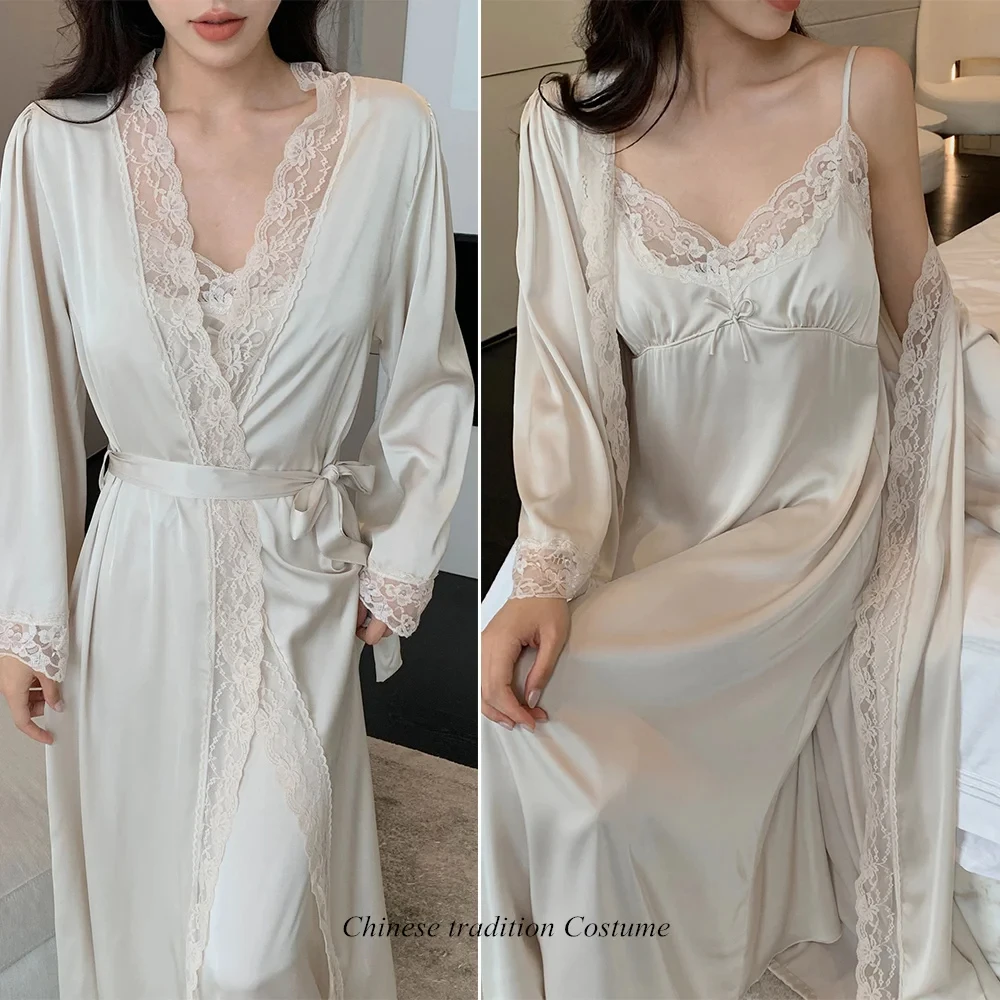 

Sexy Sling Nightdress 2Pcs Intimate Lingerie Bride Wedding Robe White Long Robe Set Elegant Homedress Lady Lace Kimono Bathrobe