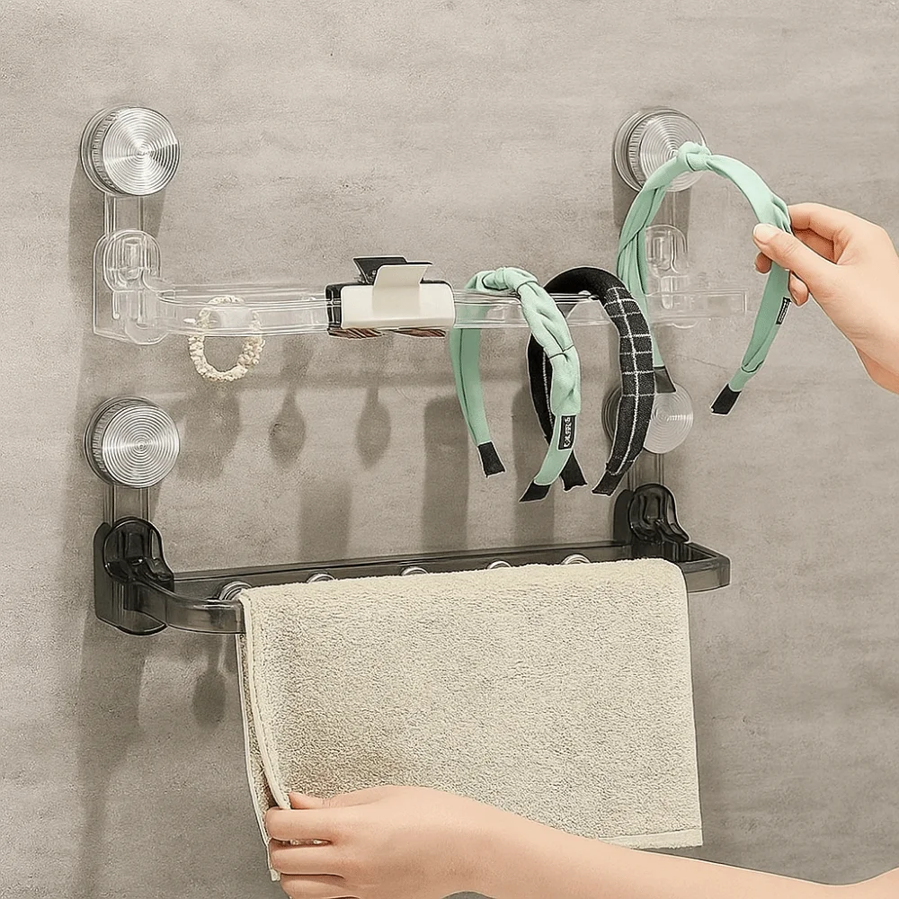 Plastic Suction Cup Storage Rack Wall Mounted Foldable Towel Storage Rack Space Saving Punch Free Faucet Shelf for Home