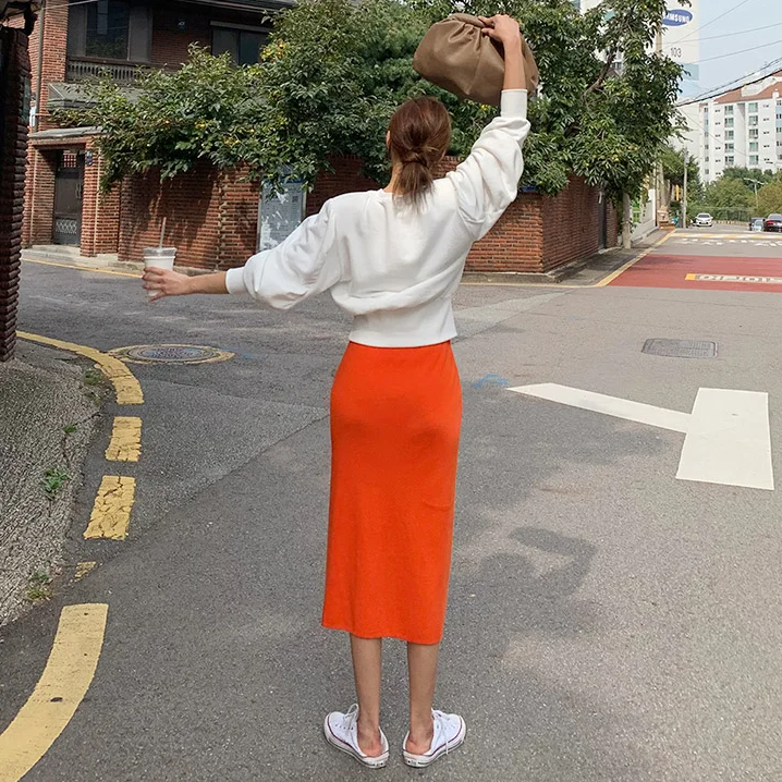 Coréen Dongdaemun Faion confortable nouveau à la mode femmes coupe ajustée fendu doux décontracté tricoté jupe f corps jupe