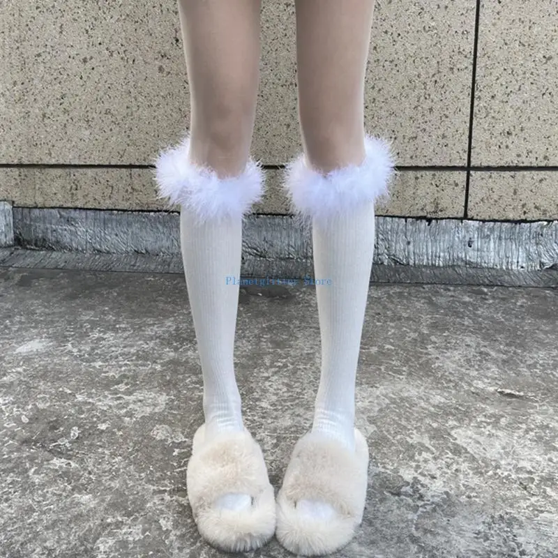652B Meias femininas japonesas algodão até o joelho, meias vintage peludas com penas sólidas