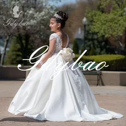 Elegant White Flower Girl Dresses for Wedding Lace 3/4 Long Sleeves Hollow Back First Communion Dresses for 2-14 Years