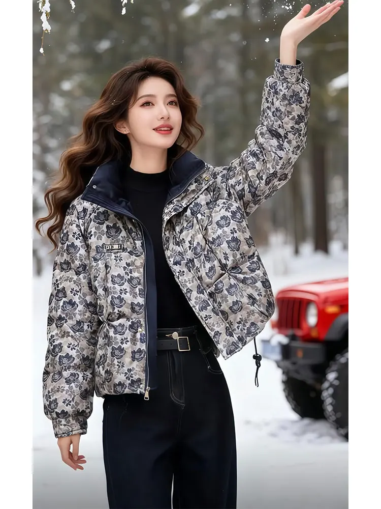 

Женская зимняя куртка-пуховик с цветочным принтом, уникальная, красивая, объемная, в корейском стиле, свободного кроя, из хлопка