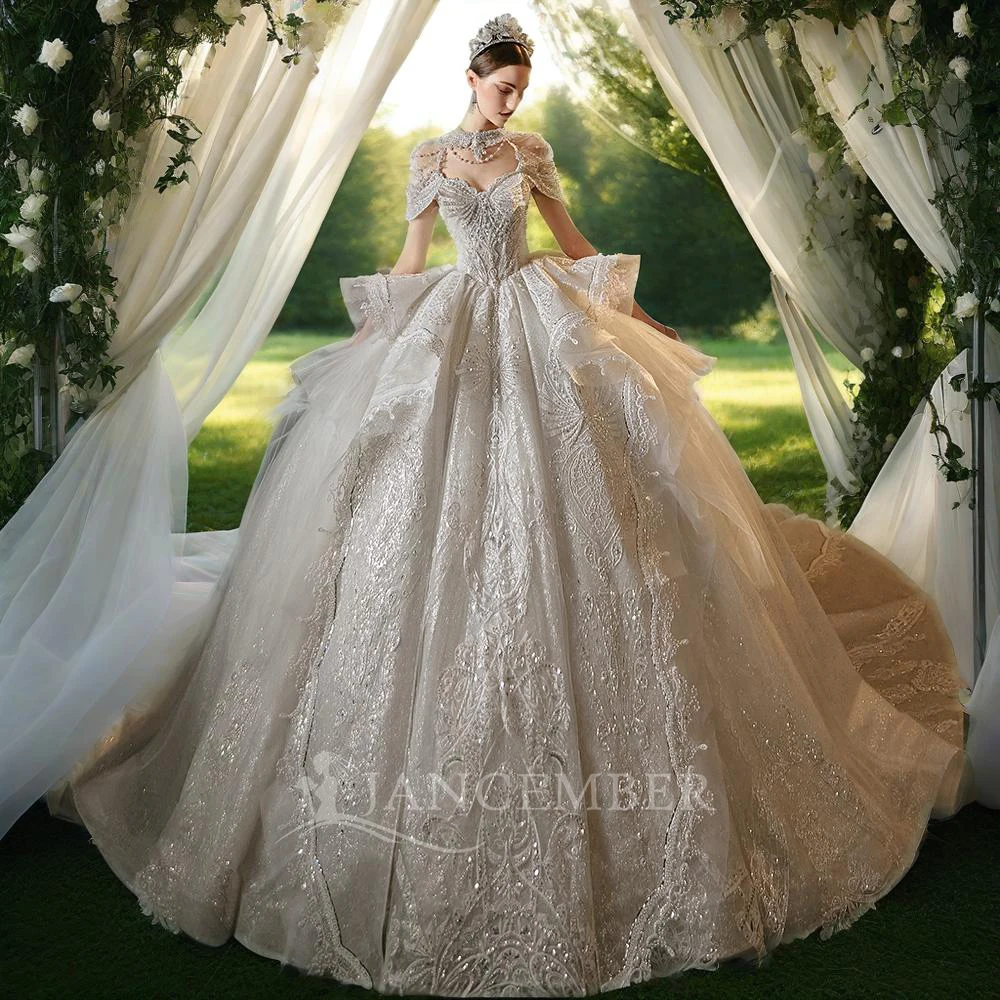 

Jancember Romantic Brand New Wedding Dress 2024 Backless Short Sleeves O-Neck Crystal Beading Ruffles Vestido De Novia LSMX020