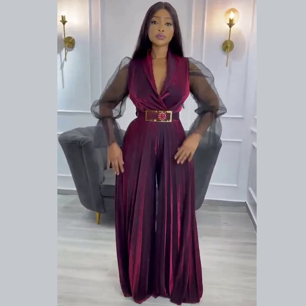 الأزياء المخملية مطوي بذلة واسعة الساق الخامس الرقبة حزام شبكة كم