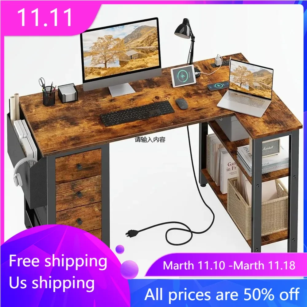 

Desk With Drawers & Storage Shelves 47 Inch Corner Computer Desk With Power Outlet for Home Office Bedroom Rustic Brown