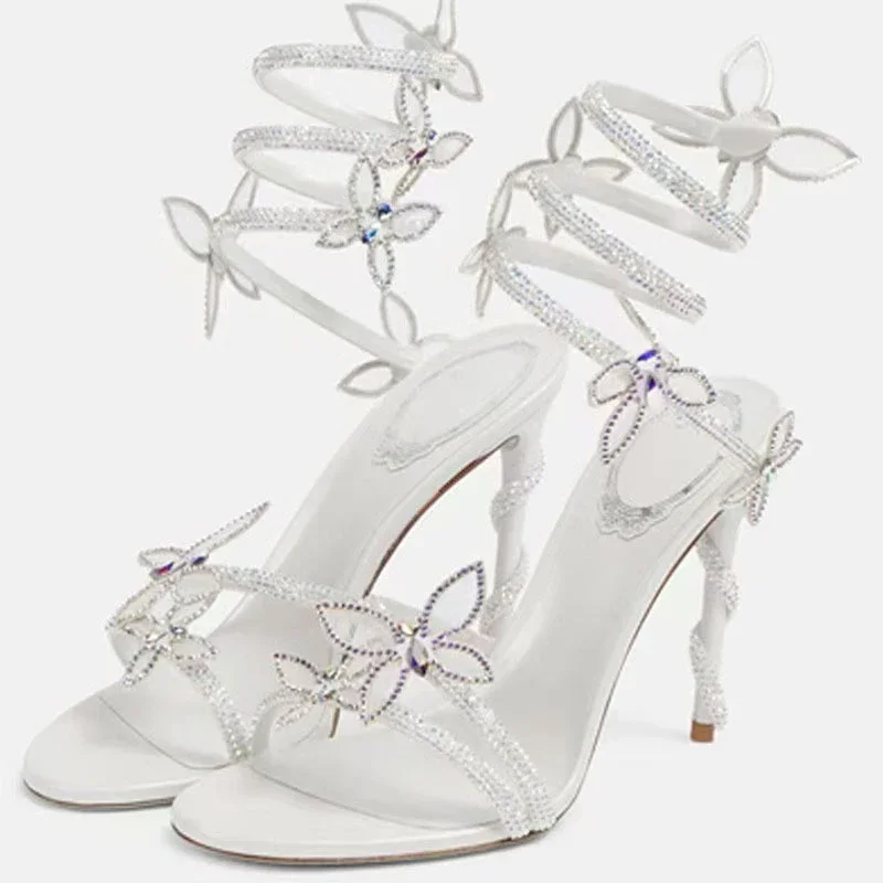 

Women's Open Toe Satin Rhinestone Butterfly Wrap Around Leg Straps Twisted Stiletto Heel Sandals Bridal Evening Party Footwear