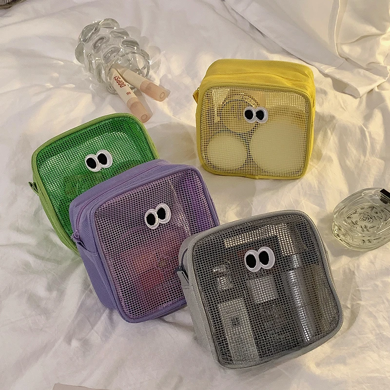 Милая Сетчатая Сумка для макияжа, портативная Вместительная дорожная сумка для хранения косметики