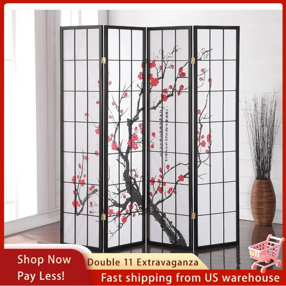 Partition Screen Black 4-Panel Screen Room Divider Plum Blossom Room Dividers Privacy Wall Decor Aesthetics Panels Balcony Home