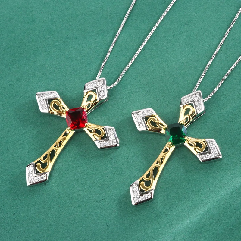 Silver Choker Emerald Gemstone Retro Cross Paired Pendant Necklace Cubic Zircon Women Religious Jewelry Fashion Aesthetics Gift