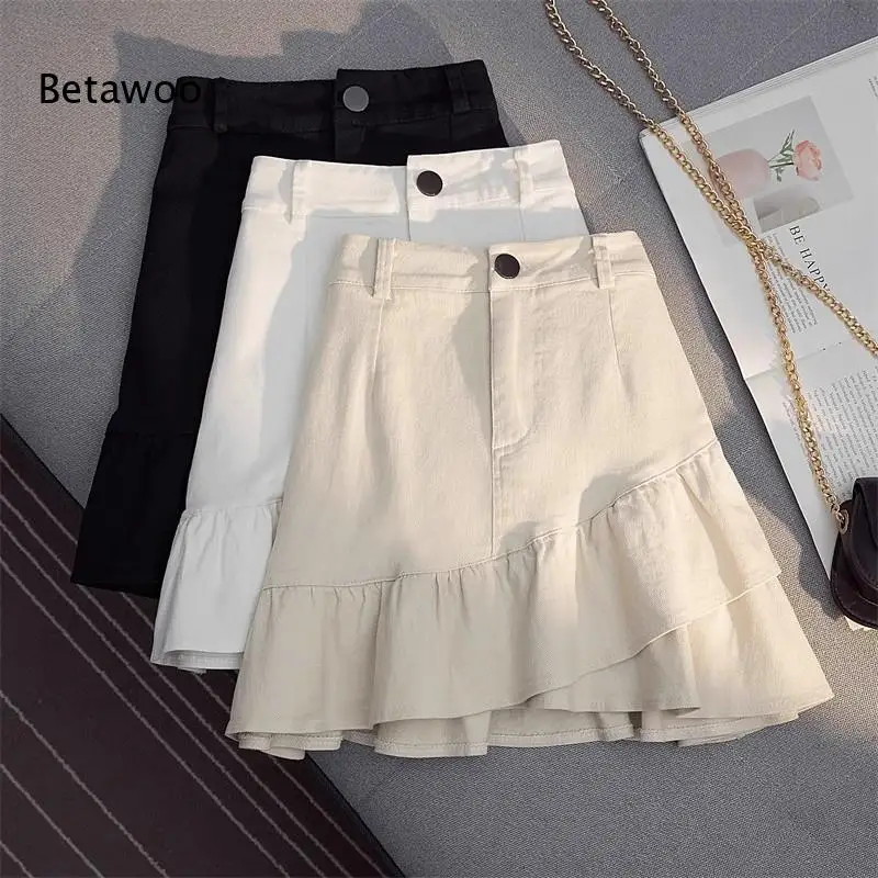 Women High Waist Denim Mini Skirt Irregular Ruffle Hem Single Button Casual Short Skirt