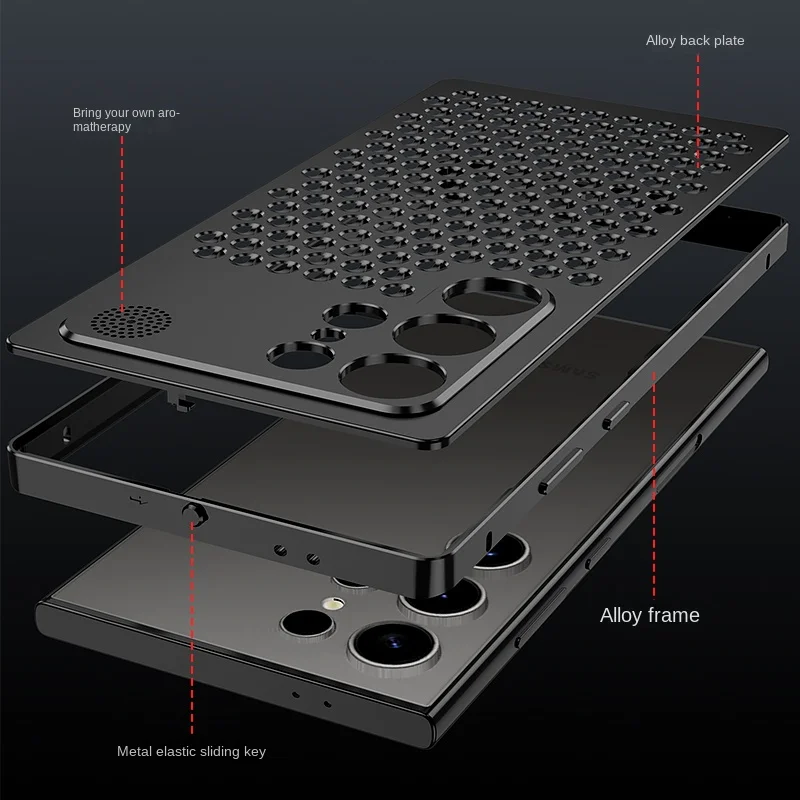 Premium Metal Hollow Heat Dissipation Holders Back Cover for Samsung Galaxy S24 Ultra S24 + Spring Buckle Shockproof Phone Cas