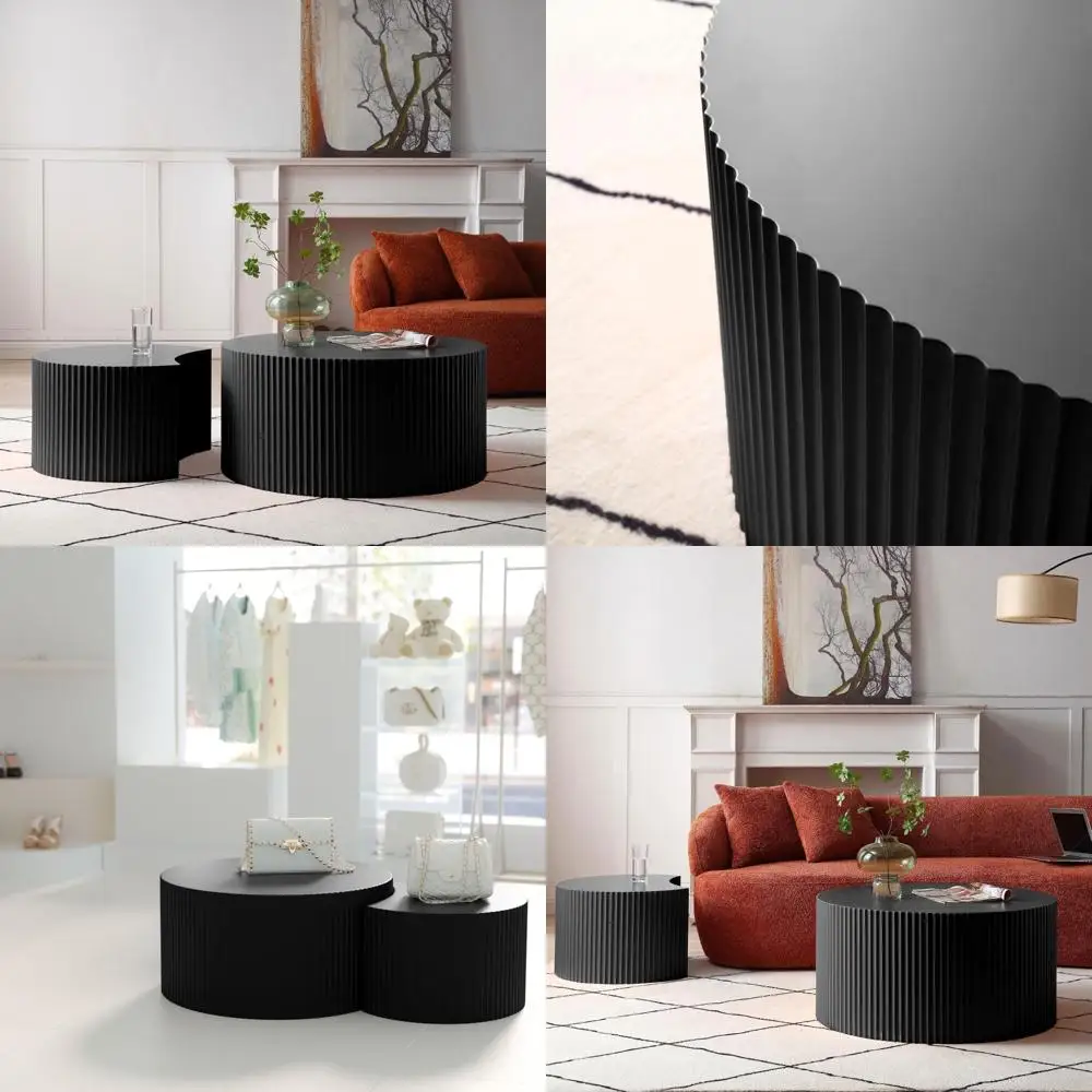 طاولات قهوة عصرية مستديرة، مجموعة خشبية فريدة من نوعها مكونة من قطعتين للمساحات الصغيرة، مثالية لغرف المعيشة - أسود #1