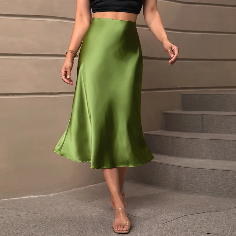 

2025 Spring Summer New Women's High-Waist Skirt European Style Silk-Satin Feeling Solid Color A-line Simple Design Long Dress