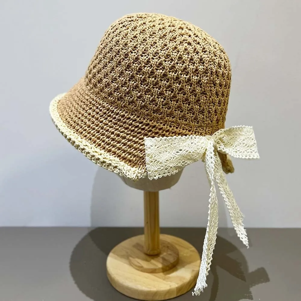 

Temperament Knitted Bucket Hat Hollow Out French Style Sunshade Basin Cap Breathable Solid Color Bow Fisherman Hat Women