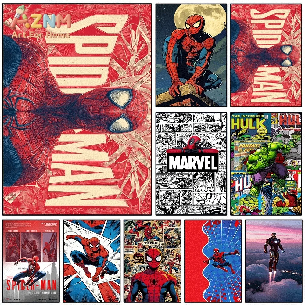 AZNM Spiderman Red Textured Background Canvas Wall Print, Retro Comic Style Hero Close‑Up Large Letter Title Graphic Art Poste