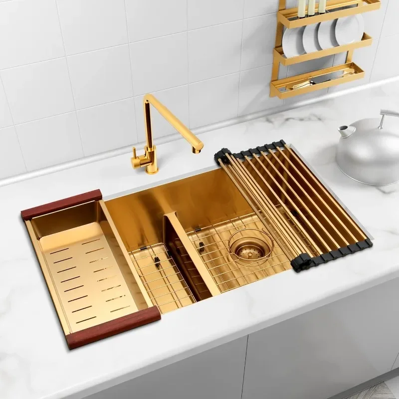 Zeesink Double bowl kitchen sink, gold undermount kitchen sink, stainless steel undermount double sink with low divider design