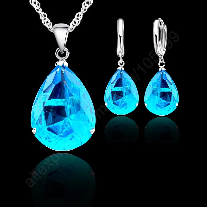 AAA Grade Rhinestone Water Drop Earring Necklace Jewelry Sets 925 Sterling Silver Pendant Necklace Earring Set
