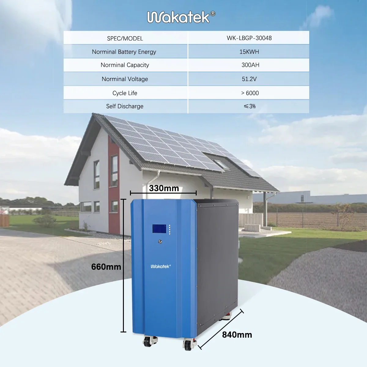 WAKATEK Solar off grid power system 15kwh 30kwh 200ah 300ah power lithium battery pack