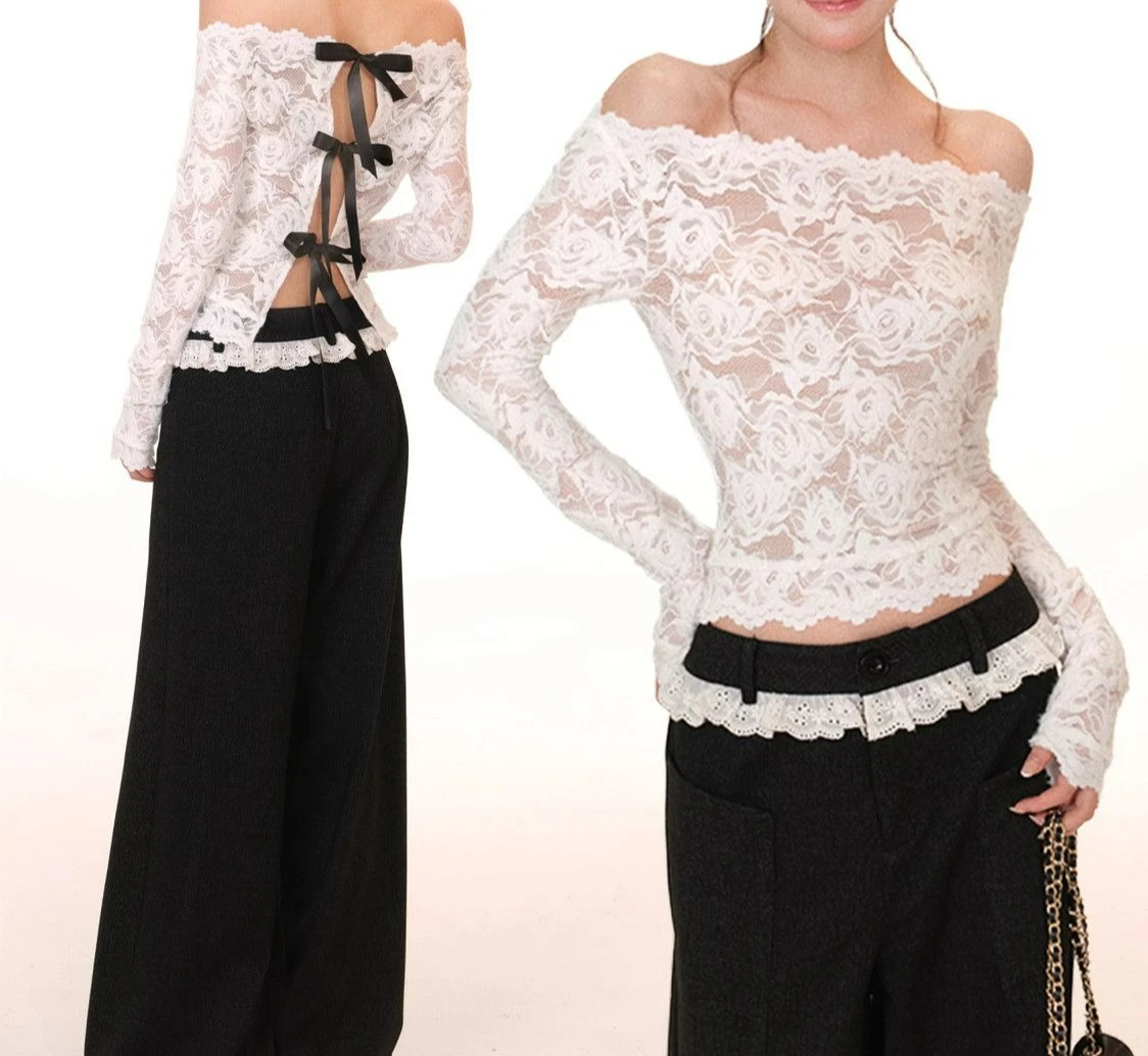 

2026 Autumn One-word Shoulder Lace Contrasting Color Bow Bodysuit Women