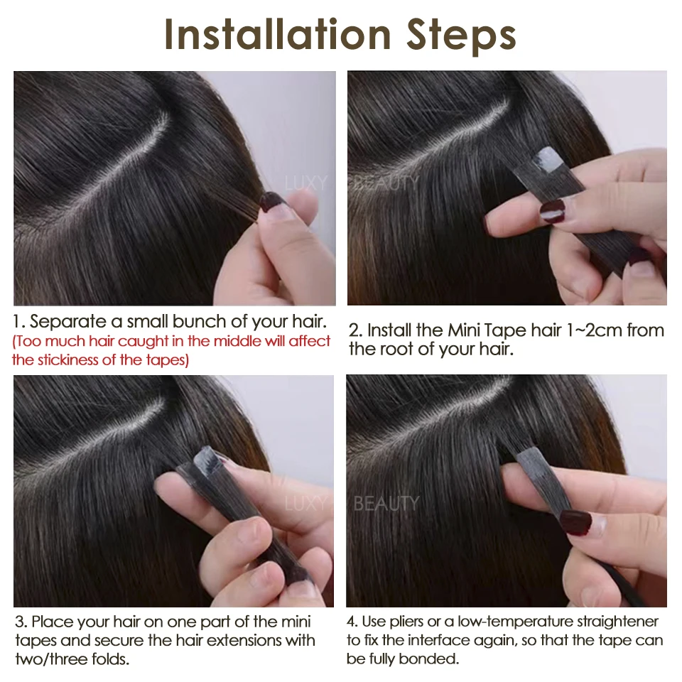 Mini Extensiones de Cabello Humano con Cinta Adhesiva, Doble Cara, Invisibles y Sin Costuras, 10 Piezas por Set, Negro, Castaño, Rubio Natural 6