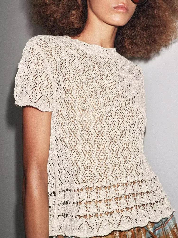 

Women's Knitted Hollow out round Ne ort Sve Top Faionable Casual Sle Breathable Skin Friendly Autumn New Arrival