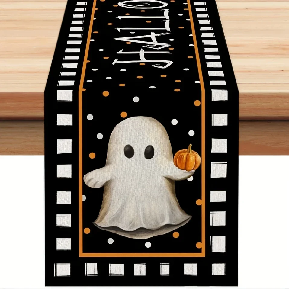 1Pc Halloween Ghost Holding Pumpkin Design Table Runner Black White Orange Cute Ghost With Pumpkin And Hallo Text Print Table