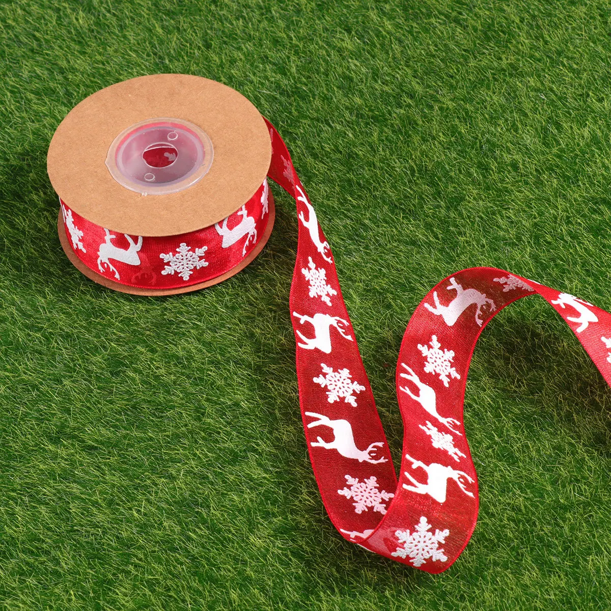 

1pc 10 Meters Printed Organza Ribbon Christmas Snowflake Elk Pattern Red For Gift Wrapping Diy Crafts Festive Party Decoration