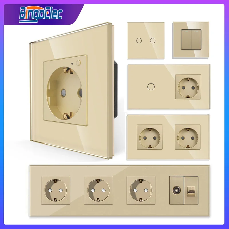 Bingoelec Gold Touch Switch and Electrical Sockets Wifi Switch with Socket with Crystal Glass Panel Home Improvement