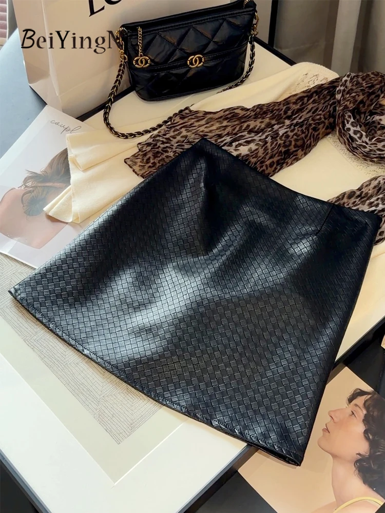 Beiyingni Korean Weaving Plaid Pattern PU Skirts Women New Style Casual Street Sexy Leather Skirt Ladies Y2K Pack Hip Faldas