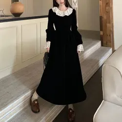 Autumn Winter Velvet Midi Dress Fashion Ruffles Spliced Women's Clothing Casual O-Neck French Style Elegant A-Line Waist Dresses