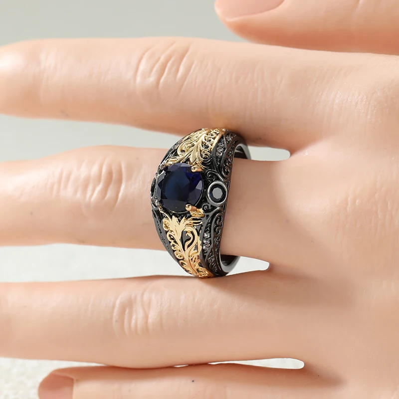 Artistic Vintage Blue Synthetic Zirconia Vine Leaf Cameo Two Tone Women Ring Elegant Gorgeous Banquet Festival Jewelry Accessory