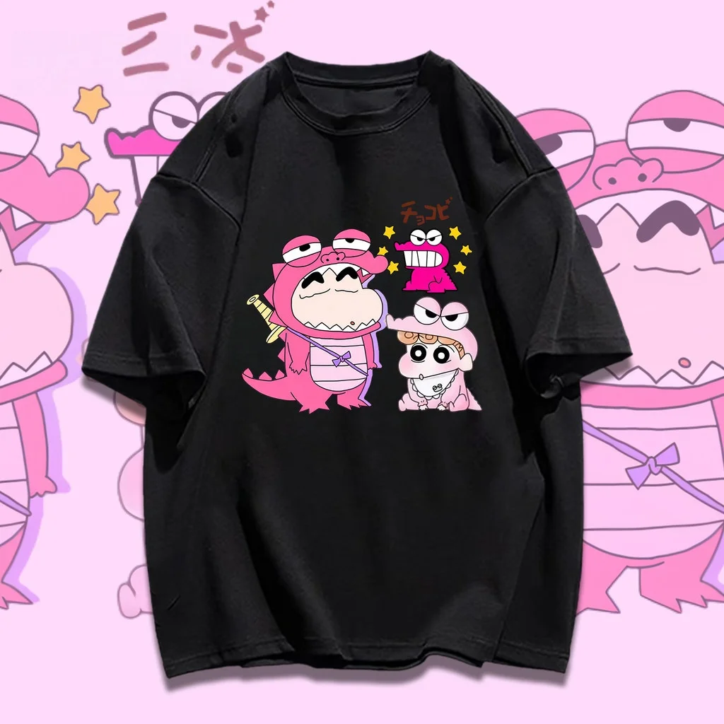 2026 Summer New Crayon Shin-chan Pink Dinosaur Cosplay Siblings Print T-Shirt 100% Pure Cotton Soft  Aesthetic Trendy Fashion