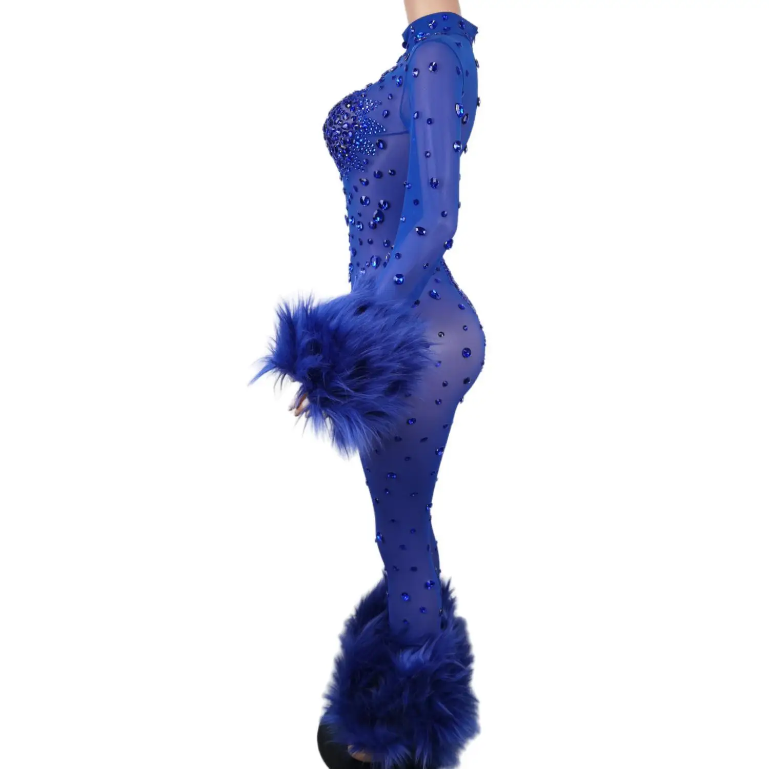 Blue Furry Jumpsuit Women Long Sleeve Skinny Fringe Leotard Sexy Mesh Stage Wear DJ Singer Dancer Party Show Costume Guibin