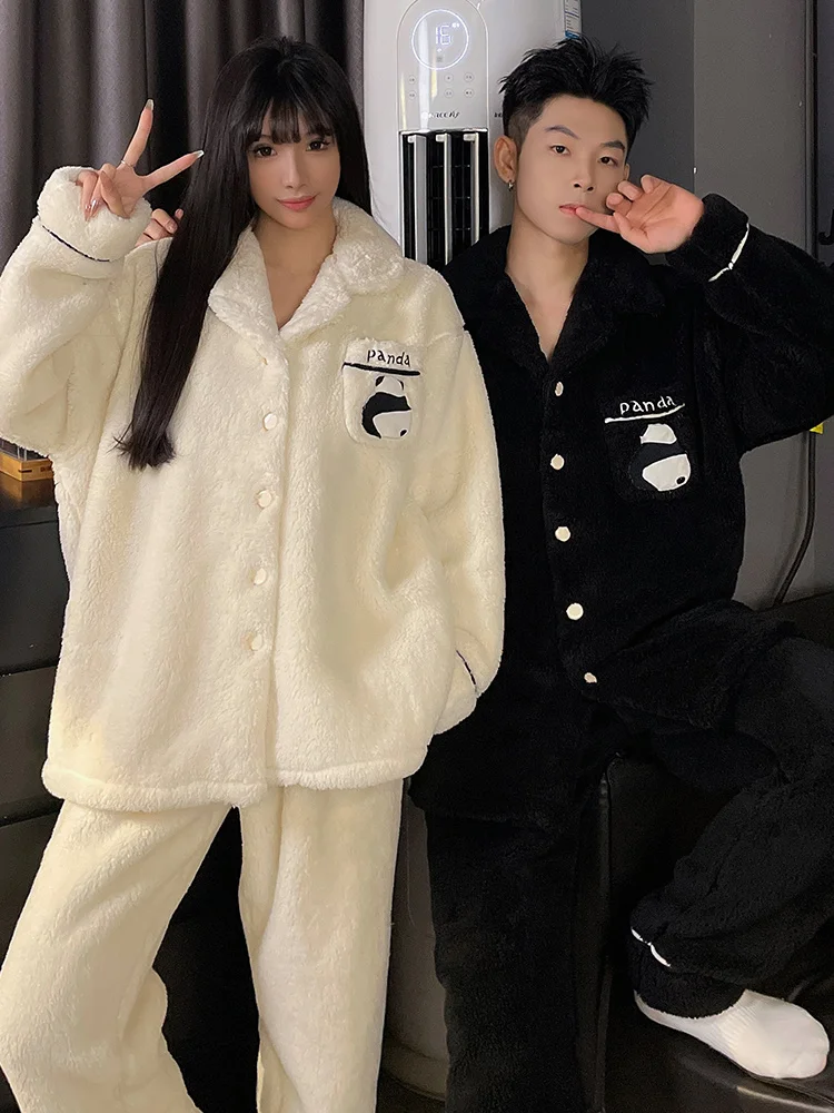 DAIMELU Panda cartoon couple pajamas women's autumn set winter coral fleece thickened warm men winter loungewear suit sleepwear