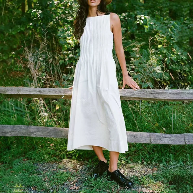 

Women's Square Neck Pleated Black Strap Vest Holiday Dress,Fashion Casual Long Dress,High Quality Cotton Dresses,Summer,New,2025