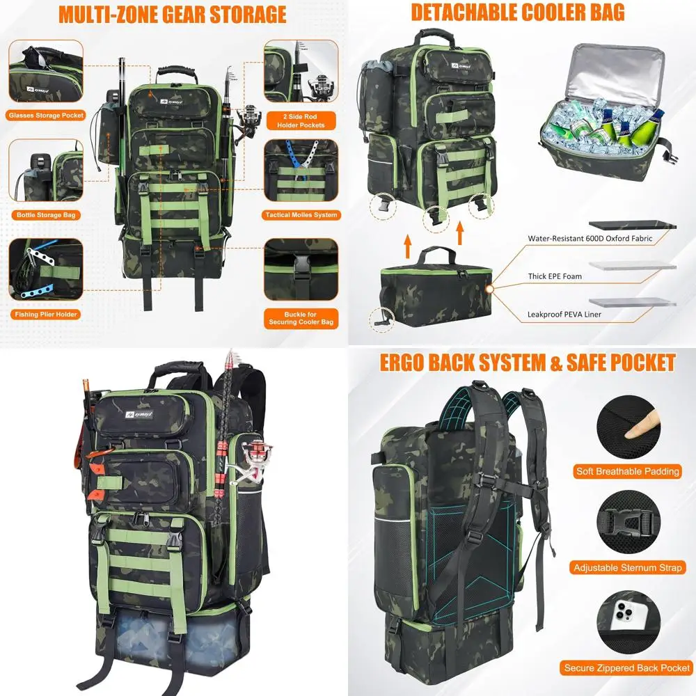 

45L Fishing Backpack with Cooler, Rod Holders, and Insulated Lunch Bag - Large Outdoor Tackle Bag for 4 Boxes and Gears