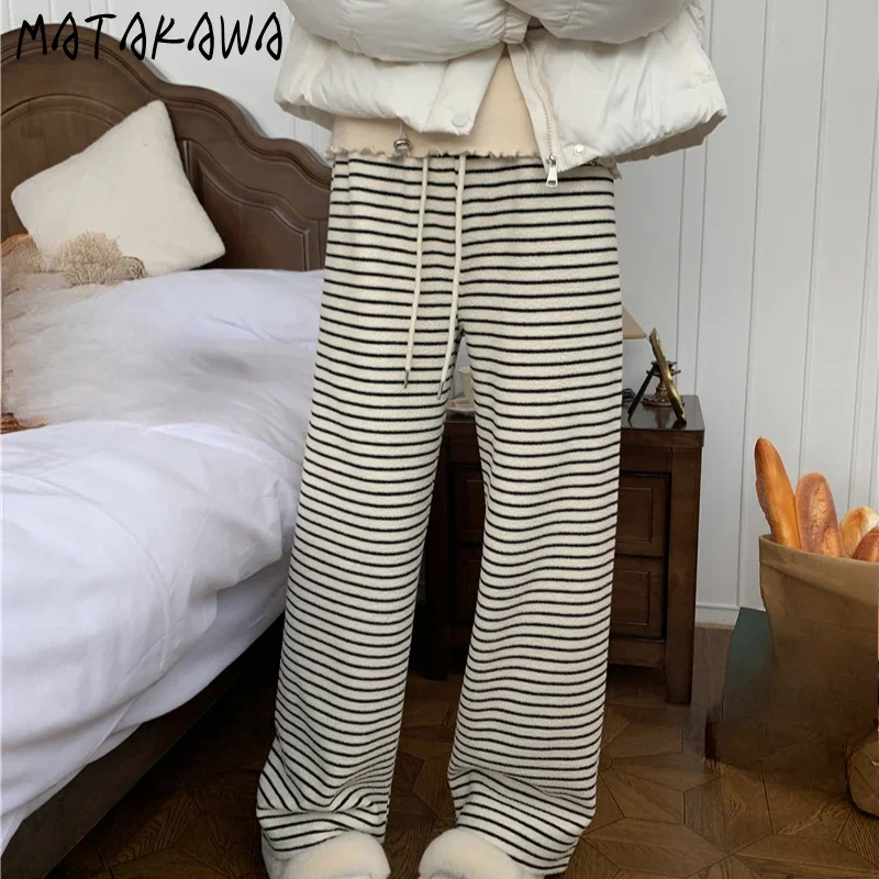 

Matakawa Fleece Stripes Women Pants Thick Warm Autumn Winter Loose Pantalones De Mujer Korean Fashion Vintage Trousers