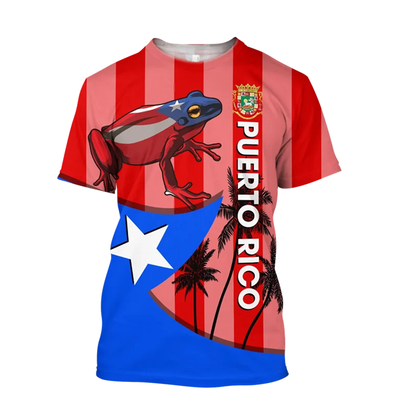Camiseta con estampado de bandera de Puerto Rico para hombre y mujer, camisetas de moda urbana con cuello redondo, camiseta con estampado de esqueleto de rana en 3D, camiseta a la moda