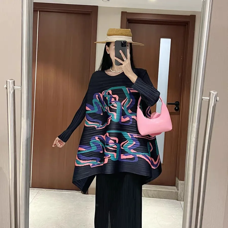 

Miyake Pleated 2026 Medium Long Design Top Loose A Hem Small Round Neck Long Sleeve T-Shirt Casual Jumping Pleated Clothes