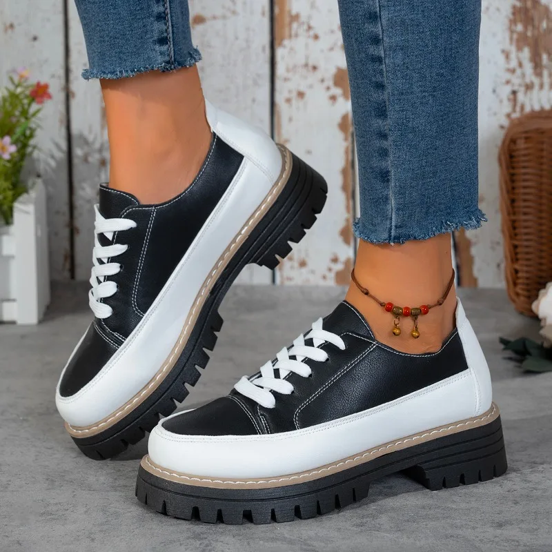 Women Platform Loafers Lace Up Chunky Sole Color Block Ladies Casual Shoes All Season Non Slip Walking Footwear Ladies Women's