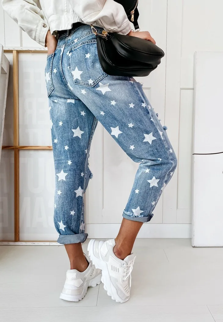 Women\'s Jeans 2024 Spring Fashion Star Print Button Pocket Design High Waist Casual Distressed Straight Leg Jeans Y2k Streetwear