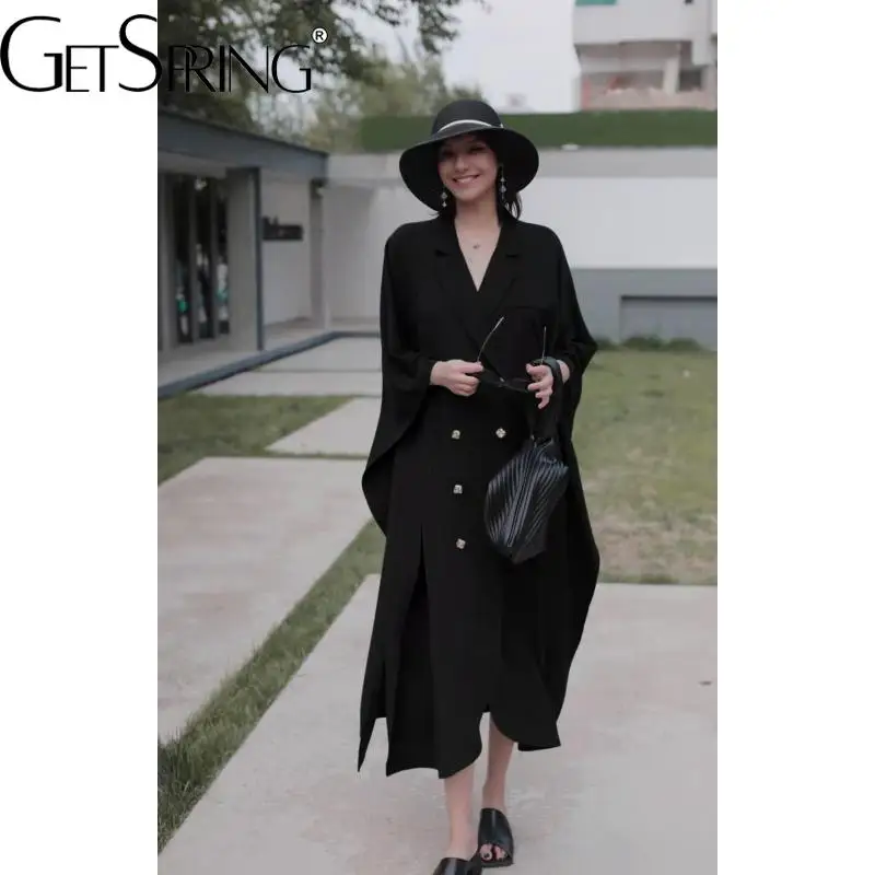 معطف نسائي من TANNT موضة خريف 2025 بأكمام تشبه جناح الخفّاش مزدوج الصدر سترة واقية باللون الأسود والأخضر معطف طويل فضفاض #3