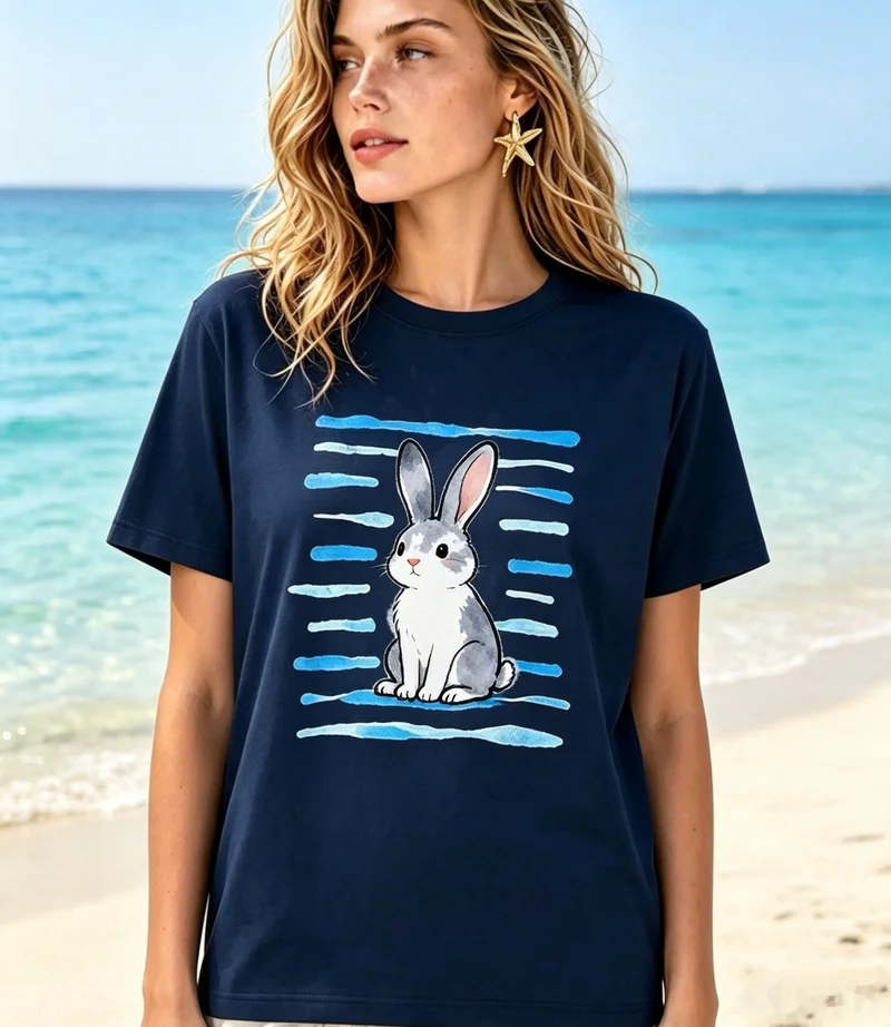 Kawaii Rabbit Ocean Water Stripes Watercolor Art T Shirt White Premium Cotton Short Sleeve Animal Beach Travel Souvenir Tee Top