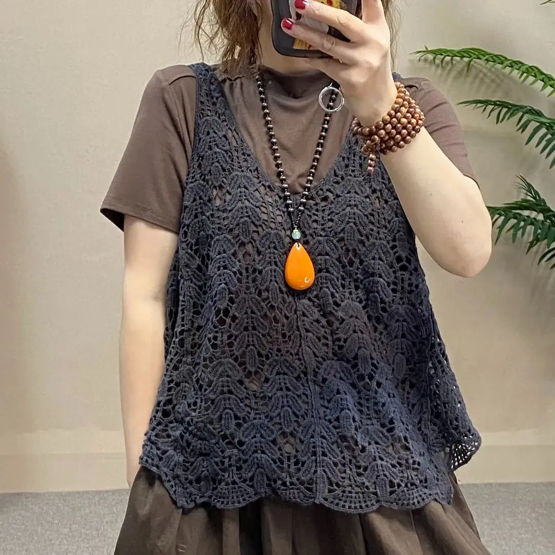 Loose-fitting Short Crochet Hollow Out Knit Sweater Vest Women Women Spring Summer Elegant Ruffled V-neck Sleeveless Top L205