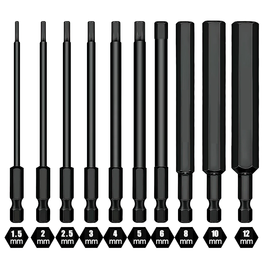 10pcs Hex Head Allen Wrench Drill Bit Set 100mm S2 Steel Allen Screwdriver Bits 1.5 to 12mm SAE Metric Hex Key Bit with Magnetic