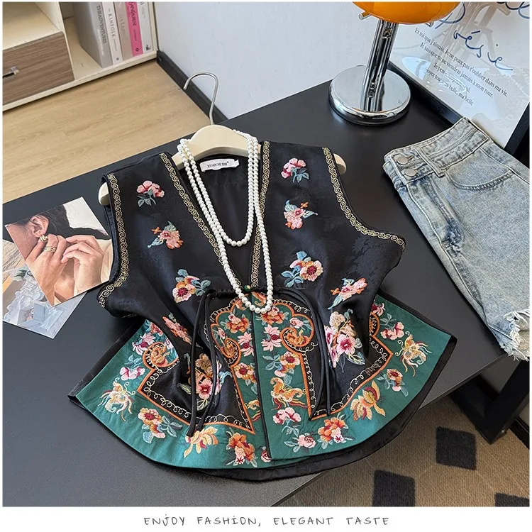New Spring Chinese Style Silk Satin Embroidered Stand Collar Heavy Work Versatile Single Button Vest Original Design Women's ...