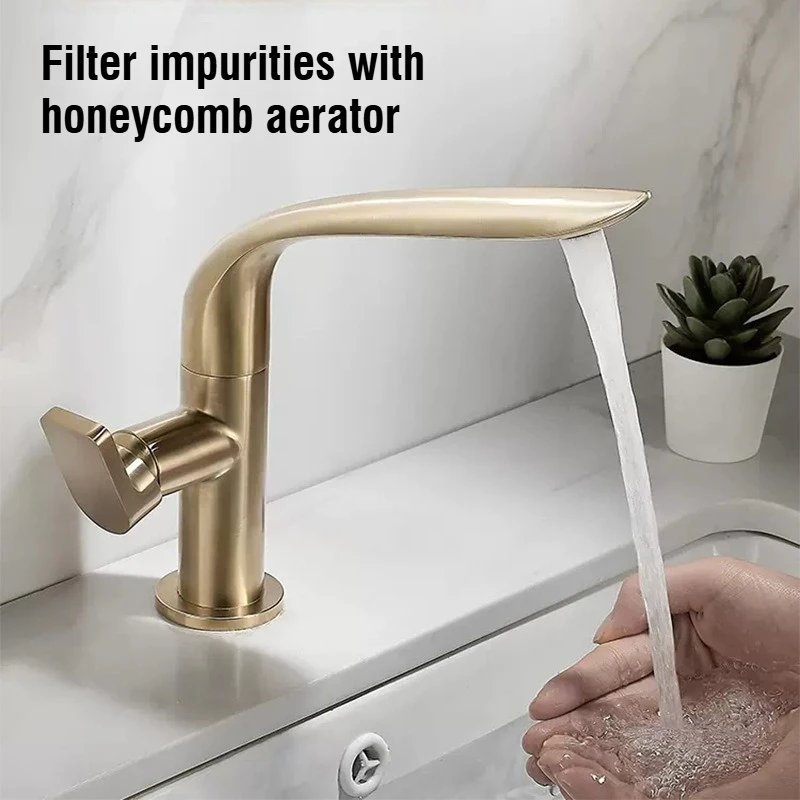 Brushed Gold Bathroom Faucet Brass Hot Cold Water Mixer Tap Rotating Washbasin Sink Faucet for Cabinet Vanity Light Luxury