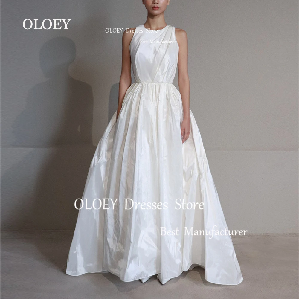 OLOEY Elegant O Neck Pleats Satin Wedding Dress Korea Photoshoot Sleeveless Bridal Gown Corset A Line Custom Made Formal Gowns