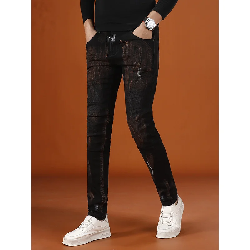 レトロヴィンテージプリントメンズパンツ2025秋新作トレンドストリートファッション伸縮性ジーンズメンズ